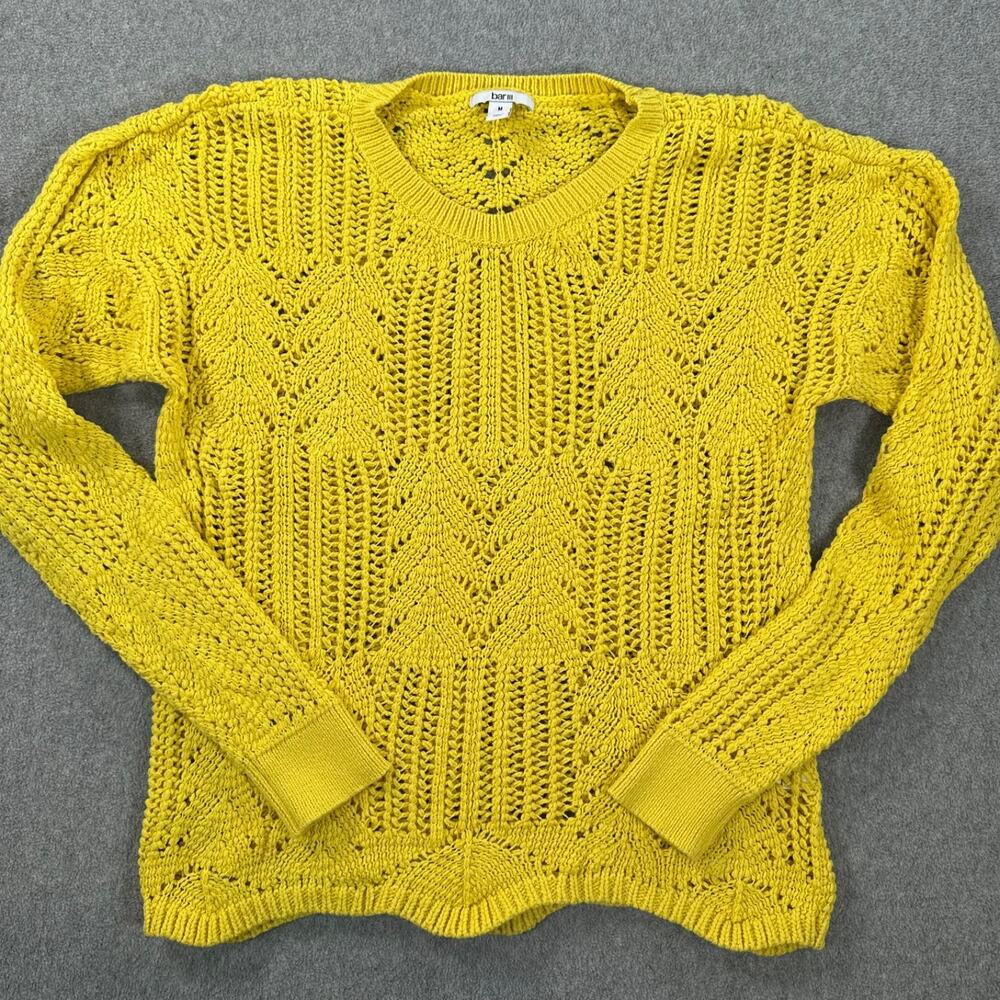 Bar III Pointelle Knit Pullover Sweater Women's Medium Crew Neck Scallop Yellow